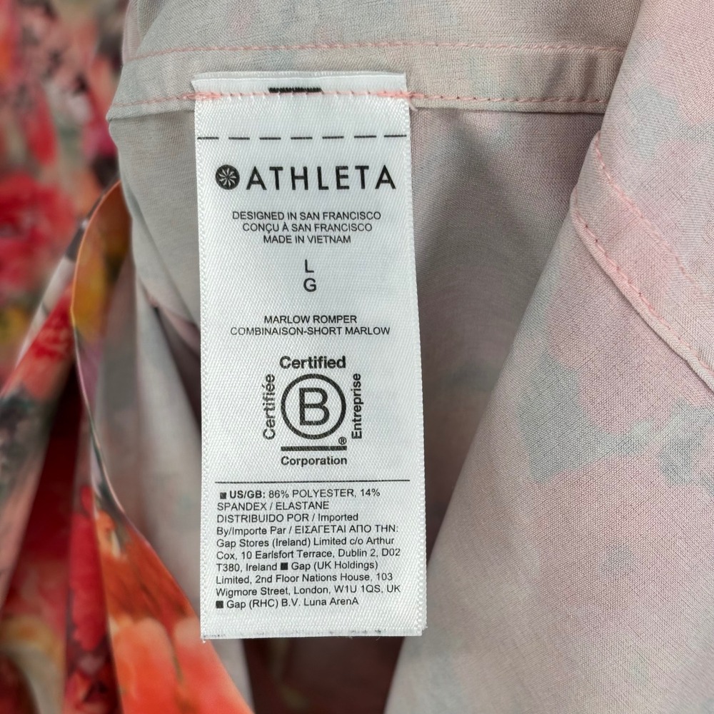 Athleta Marlow Renewed Bloom Tie Waist Romper Pink Pattern Women's Size Large - Picture 7 of 8